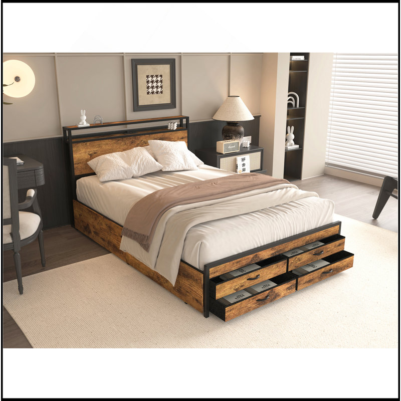 Versatile Metal Bed Frame With Storage And Advanced Features For Optimal Bedroom Setup, Black/Brown, Full