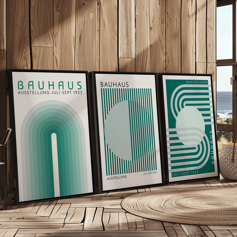 Green Bauhaus Trio, ensemble de 3 impressions, 18" x 12", Framed Canvas, Walnut