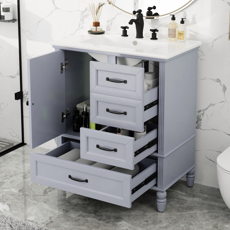 Bathroom Vanity With Sink, Bathroom Cabinet With Door & Drawers, Solid Wood Legs & Mdf Board, Adiustable Foot Pads, Grey
