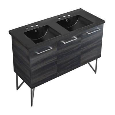 Anneco Noyer noir, meuble-lavabo double, lavabo en céramique à 3 trous