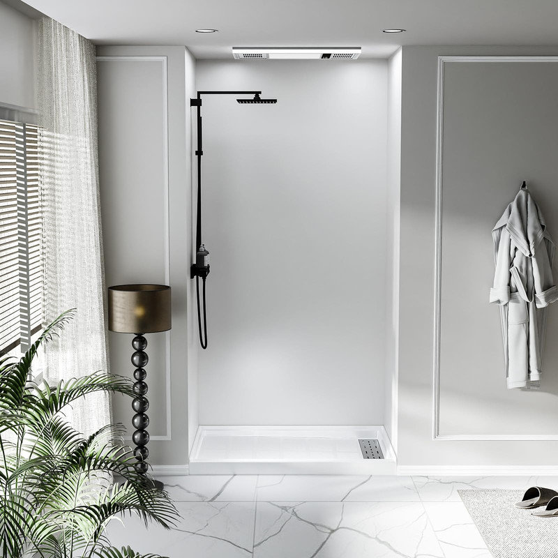 Élégant bac à douche blanc avec plancher antidérapant et drain carré en acier inoxydable, 4" H x 60" W x 34" D