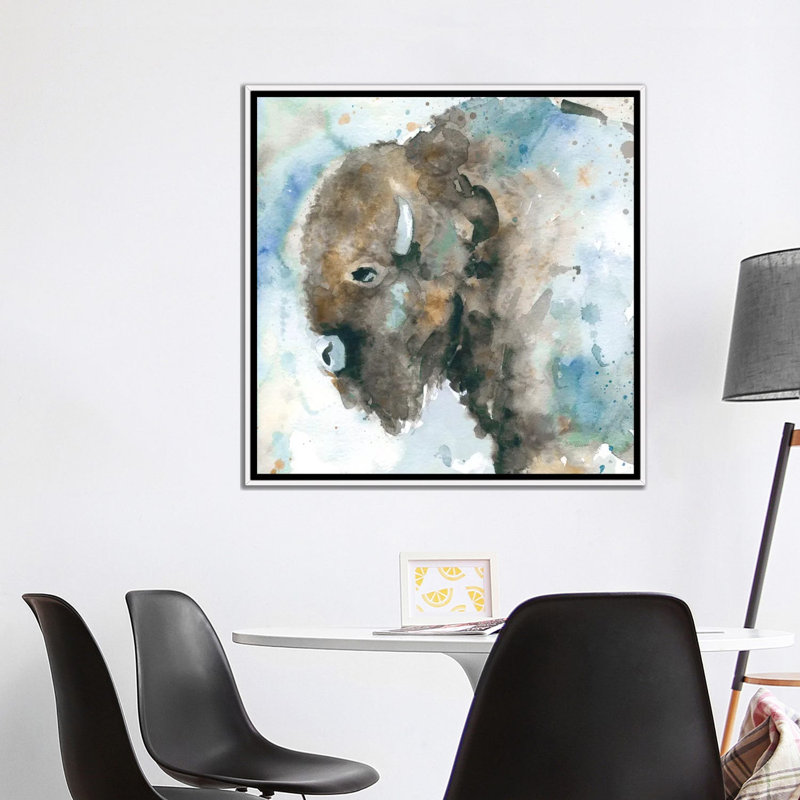 «Buffalo on Blue» par Carol Robinson - reproduction d'art, H 37 po x l 37 po x P 1,5 po, Toile blanche encadrée