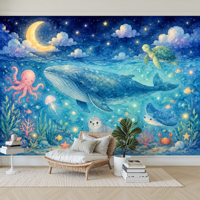 Wall Mural Peel and Stick Wallpaper Whimsical Underwater Night Scene Whale Octopus Seal Turtle Sea Self-Adhesive Removable Contact Paper Wall Decor for Living Room Bedroom 100"H x 144"W