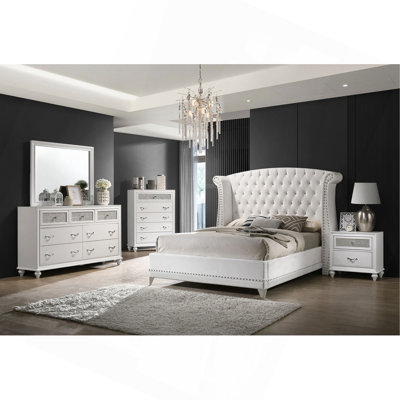 Barzini White Upholstered Eastern King Wingback Bed