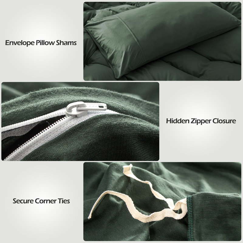 HOME BEDDING Jersey Cotton Duvet Cover Set, King Duvet Cover + 2 King Shams, Green