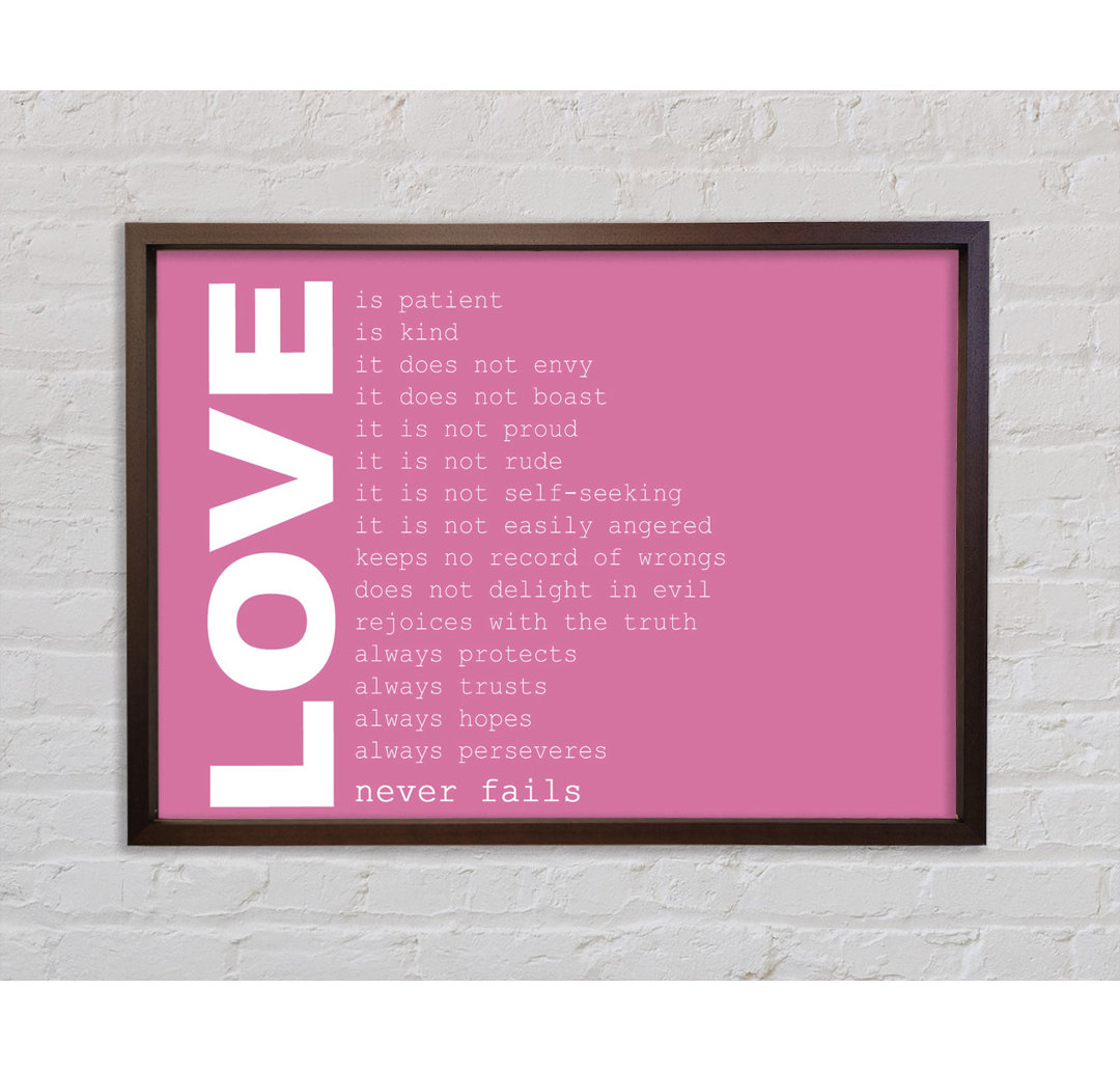 Love Quote Love Never Fails Pink - Single Picture Frame Typography on Canvas