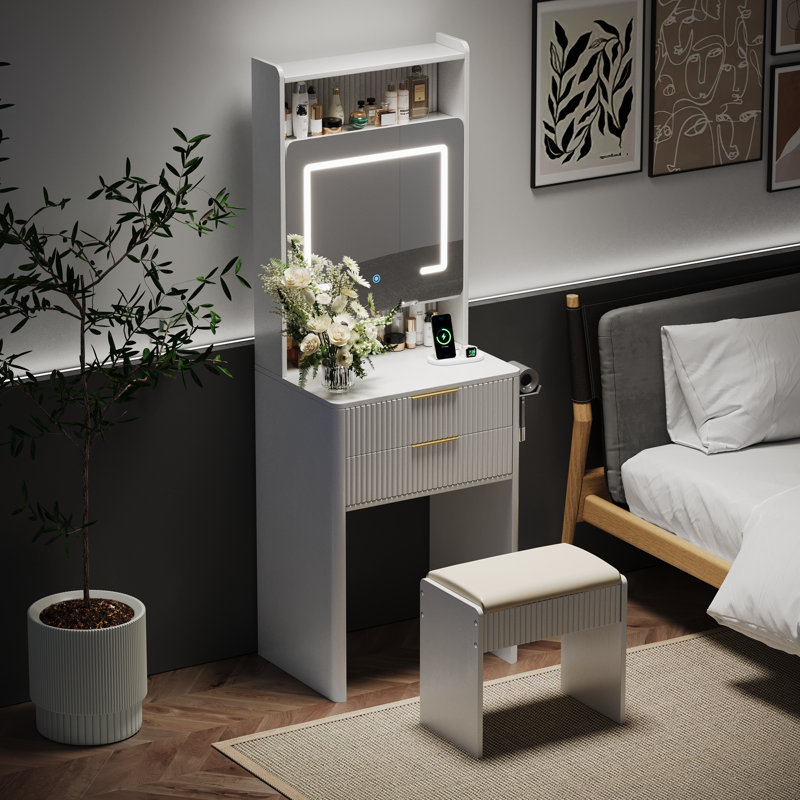21" Makeup Vanity, With Two Sockets And Usb Port, A Large Mirror And Three Lighting Settings, White