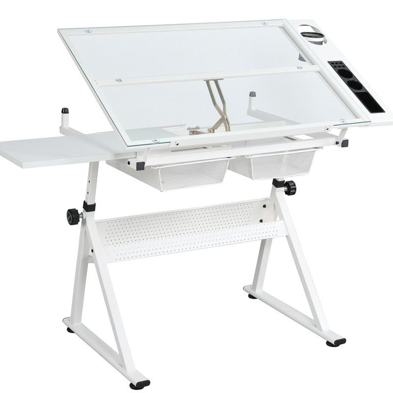 WHITE Adjustable Tempered Glass Drafting Printing Table With Chair, White
