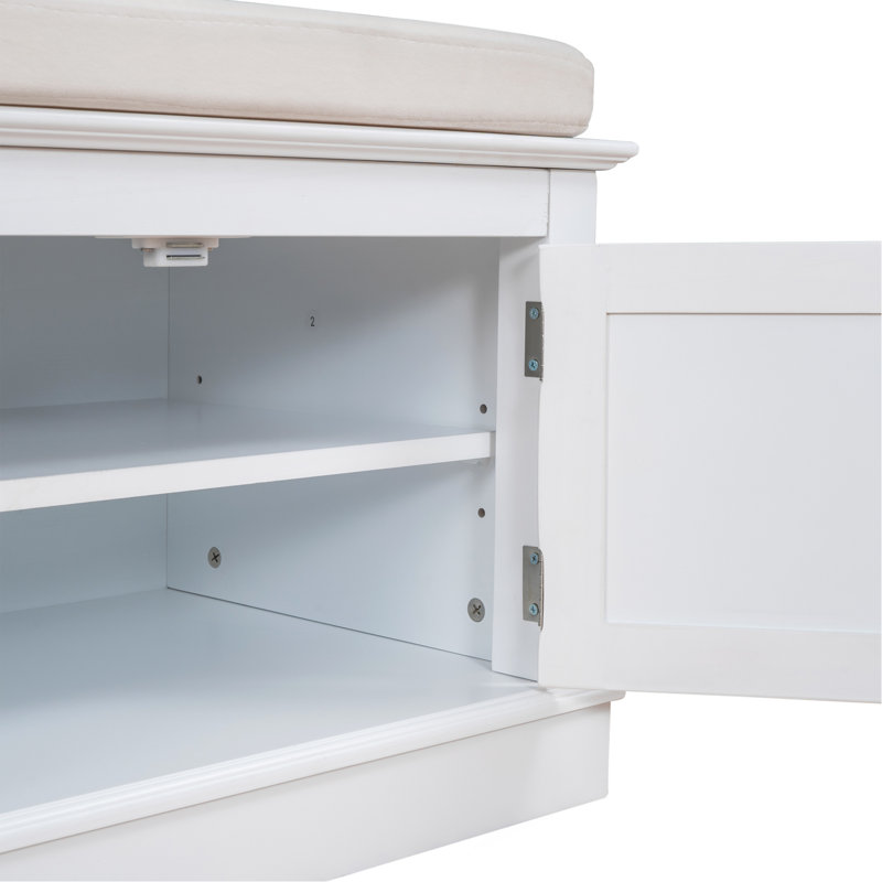 Storage Bench with 4 Doors and Adjustable Shelves, Shoe Bench with Removable Cushion for Living Room, Entryway (White), White