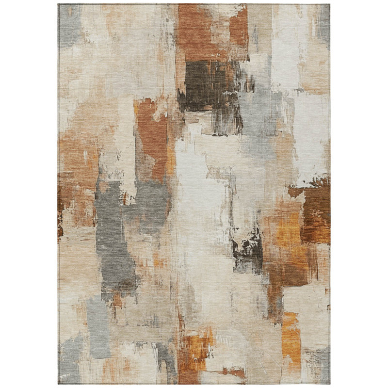 Tapis extérieur lavable abstrait 10 pi x 14 pi ivoire et rouille