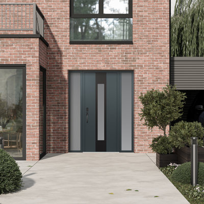 A1 Right-Hand Panel Black Steel Prehung Front Entry Door With Two Sidelites