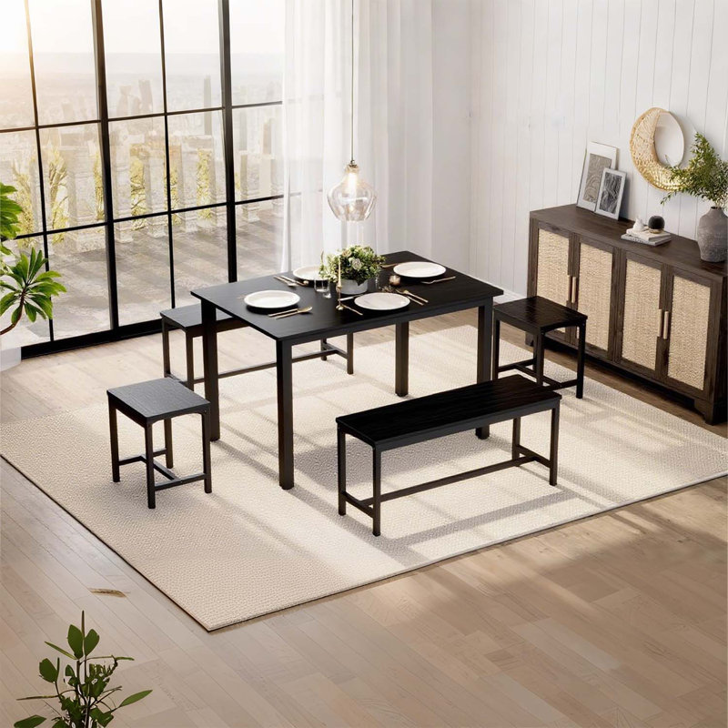 5-Piece Extendable Dining Table Set for 4-8 People, with 2 Benches & 2 Stools, Space Saving, Black, Black