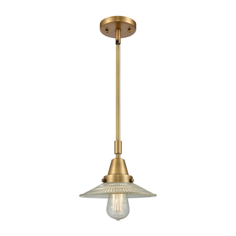 Luminaire suspendu conique à 1 lumière Cahaba, Halophane transparent, Laiton brossé, DEL