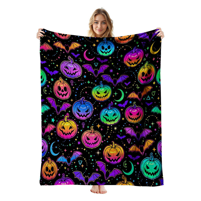 Couverture simple en flanelle JYK Halloween, Neon Pumpkins Bats