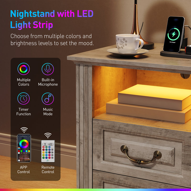 17.7"W Farmhouse Nightstand with LED Light & Charging Station, Bedside Table with Storage, Gray