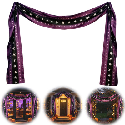 Décoration d'Halloween : Drapeau pentagramme noir et violet pour cour, arche, décoration de porte, 600 x 50 cm
