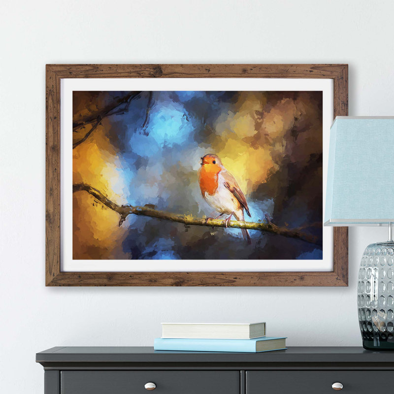 Robin Bird In A Tree - Single Picture Frame Painting, Walnut, 24cm H x 33cm W x 2cm D