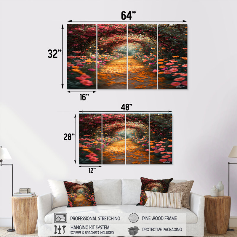 «Blossoming Pink Flowers», art mural pour le salon, 4 pièces, H 32 po x l 64 po