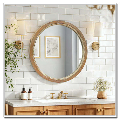 Round Distressed Wood Beaded Wall Mirror, 23.62" Farmhouse Vintage Accent Mirror For Bathroom, Bedroom, Entryway, Rustic Decorative Mirror