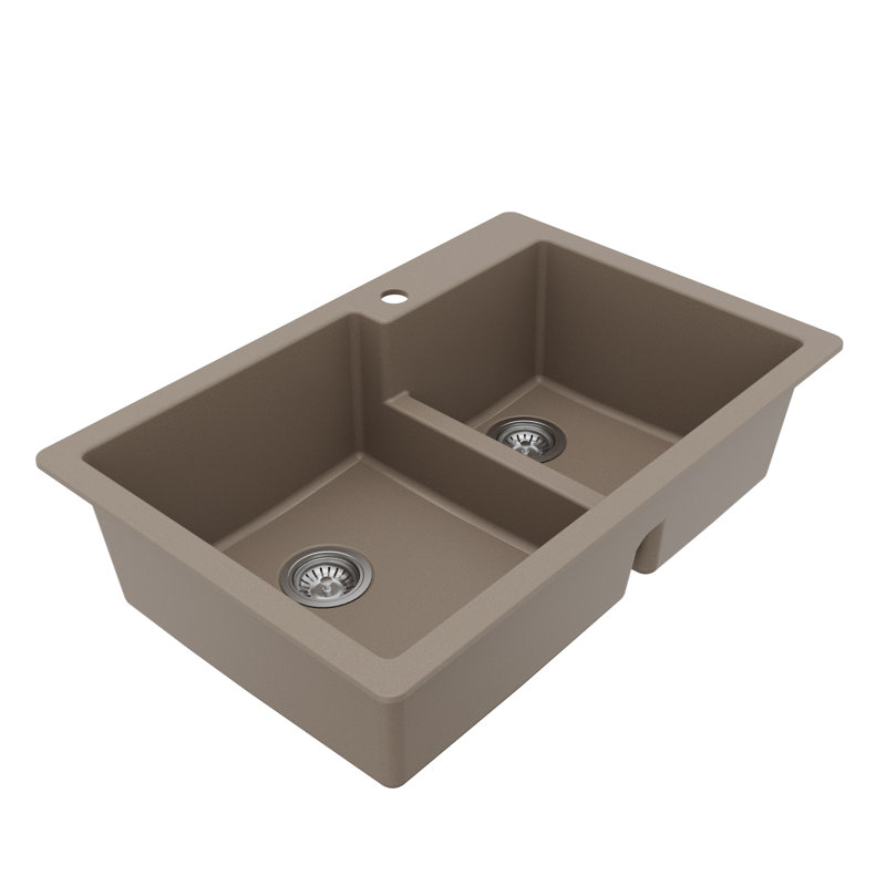 Karran Quartz 33'' X 22'' Double Bowl 60/40 Top Mount Drop-in Kitchen Sink Kit, Concrete
