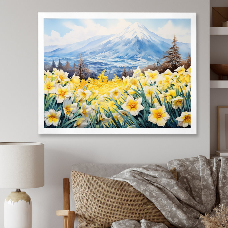 Daffodils Charm in Mountain - Imprimé, Cadre simple blanc, H 30 po x l 40 po x P 1,5 po