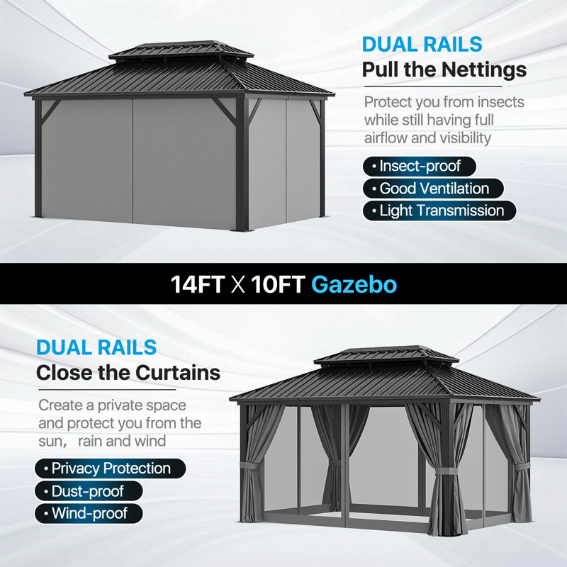 Aluminum Permanent Patio Gazebo with Double Roof, 14 Ft. W x 10 Ft. D