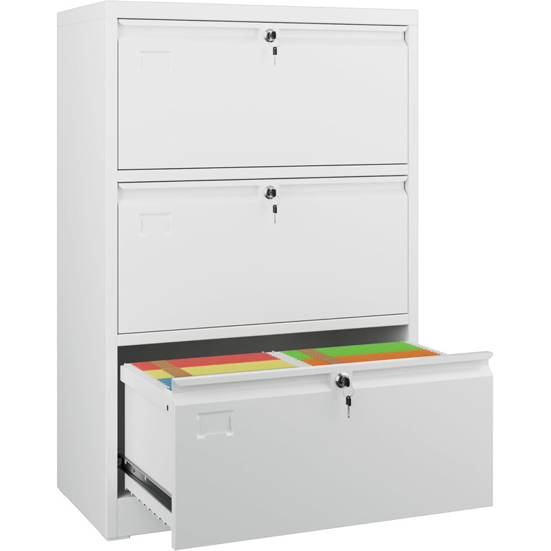 Classeur latéral blanc verrouillable à 3 tiroirs, classeur en métal pour bureau légal lettre A4