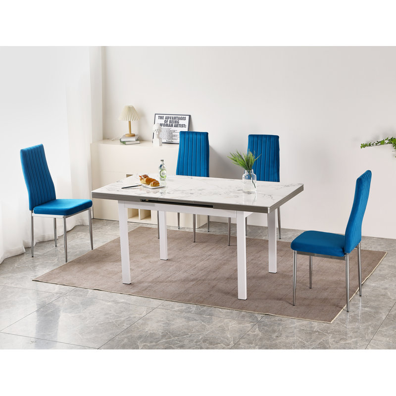 Jade White Sintered Stone Extending Dining Table with 4 Monza Velvet Chairs, Blue