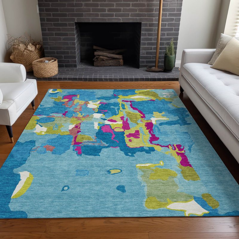 Aqua Abstract Flat Woven Washable Synthetic Rug 3' x 5'