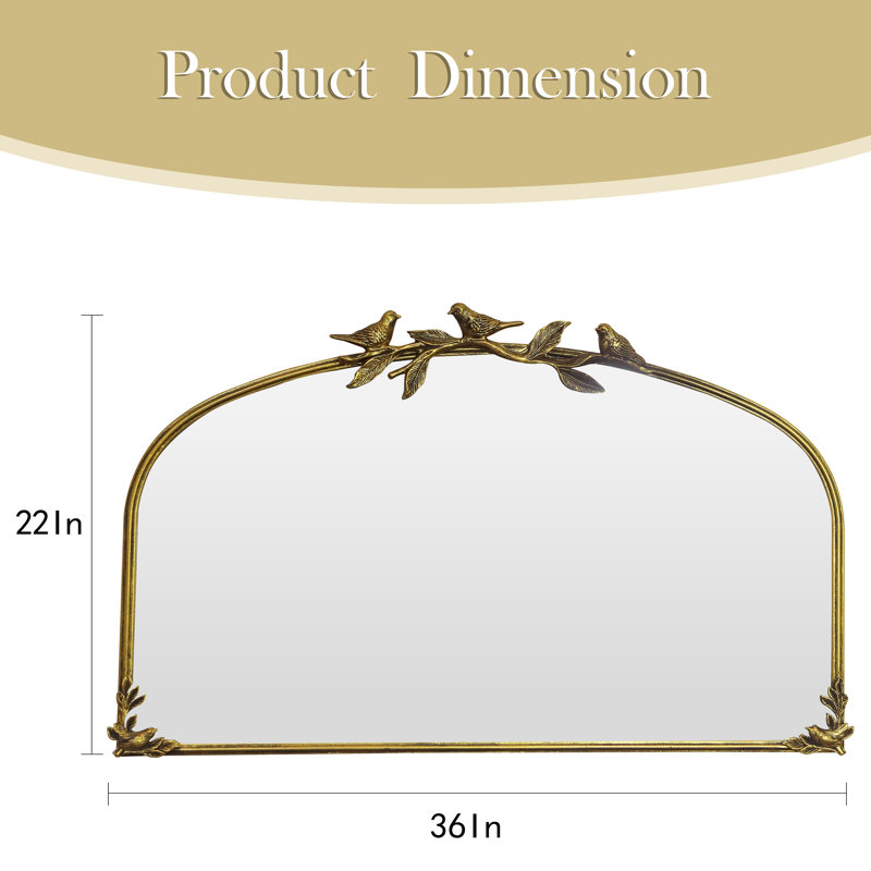 22"H×36"W Vintage Arched Metal Wall Mirror with Bird & Branch Iron Wall Decor for Bedroom, Entryway, Living Room