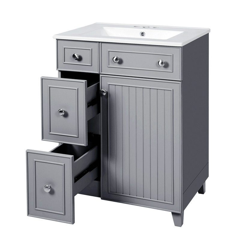 Armoire de salle de bain avec lavabo, 2 tiroirs et 1 porte à fermeture en douceur, Gris