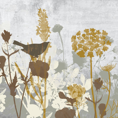 Bird On Botanicals Gold And Grey - Wrapped Canvas Painting