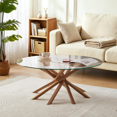 Table basse ronde avec plateau en verre - table de bout moderne Mid-Century avec base imbriquée en bois massif - plateau en verre trempé et pieds en étoile