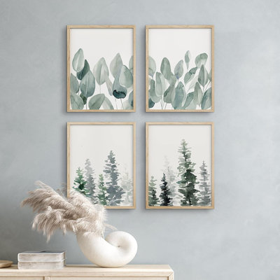 «Green Tree», ensemble de 4 plantes vertes encadrées sur papier, impression sur bois