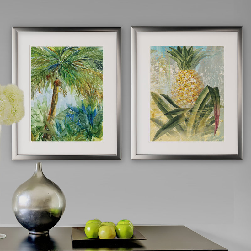 «Vintage Palm», ensemble de 2 reproductions de peintures à l'acrylique encadrées, Cadre argenté