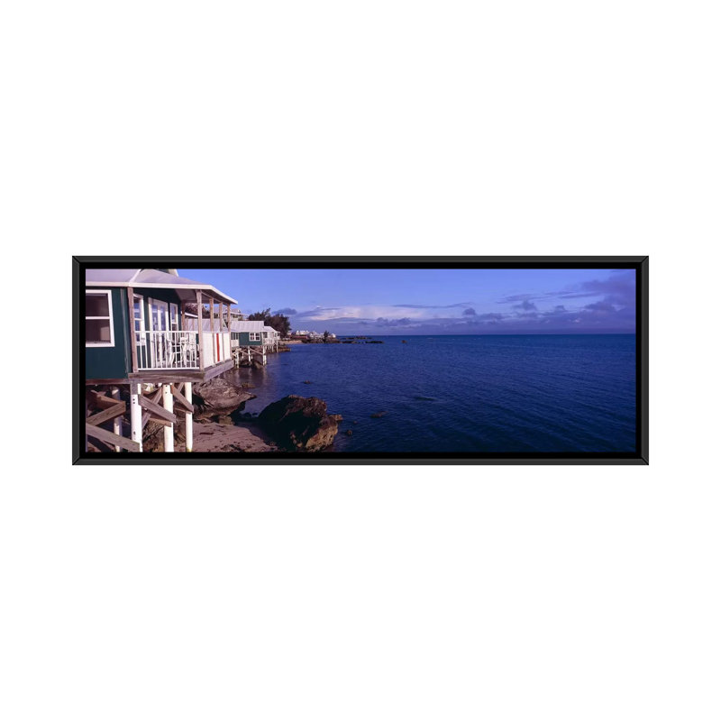 Cabanas sur la plage des Bermudes - reproduction de photo sur toile tendue, H 12 po x l 36 po x 1,5 po, Toile avec cadre noir