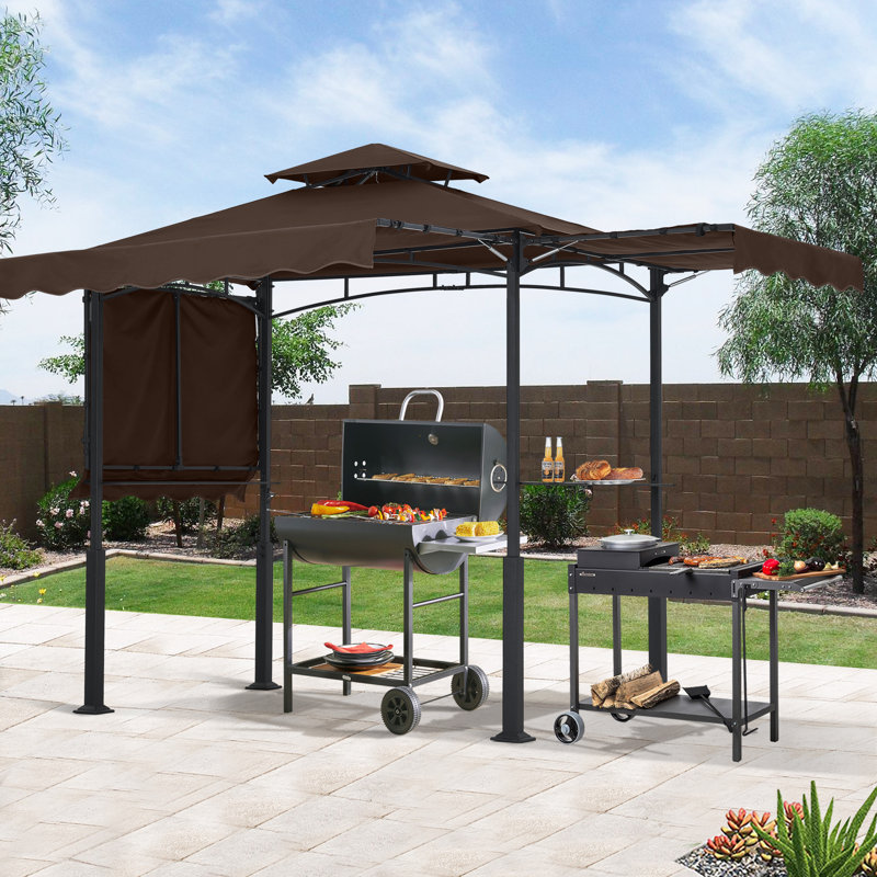 14 Ft. W X 8 Ft. D Steel Grill Gazebo With Collapsible Awnings, Brown