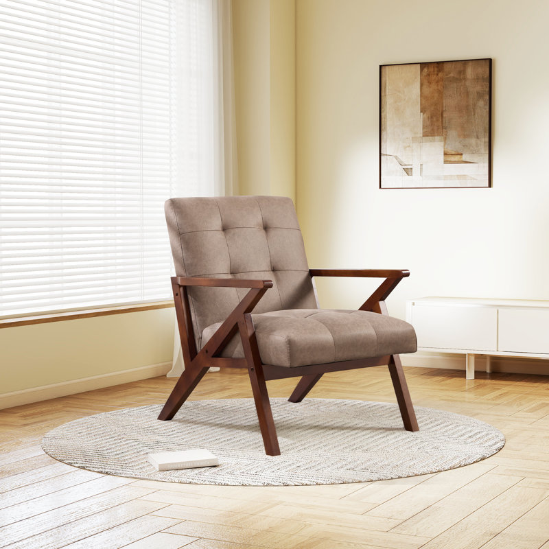 68cm Wide Mid-Century Comfortable Upholstered Accent Chair With Wooden Armrests & Tufted Seat