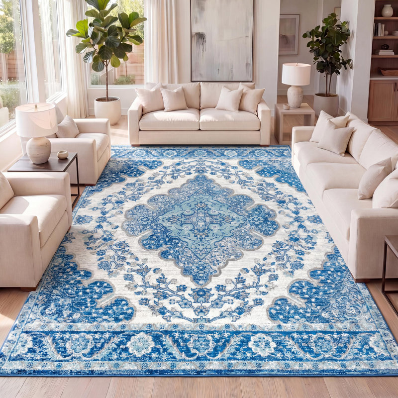 Lathan Bohemian FLAIR Boho Vintage Medallion Cream/Blue Rug, Rectangle 7'9" x 10'