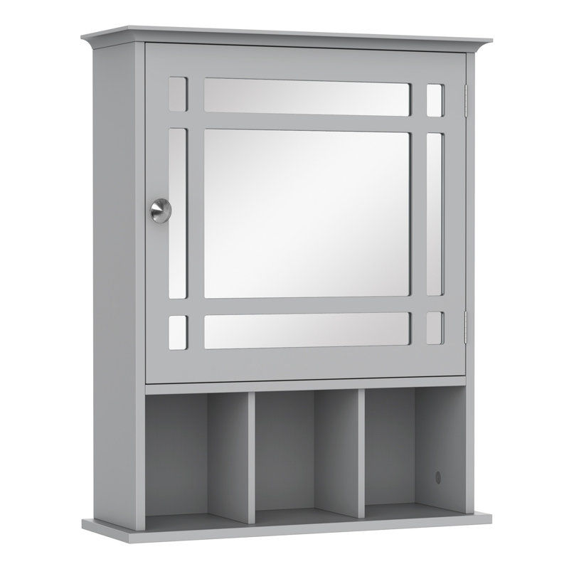 Armoire à pharmacie de salle de bain avec miroir, armoire à miroir murale avec porte et tablettes de rangement, gris