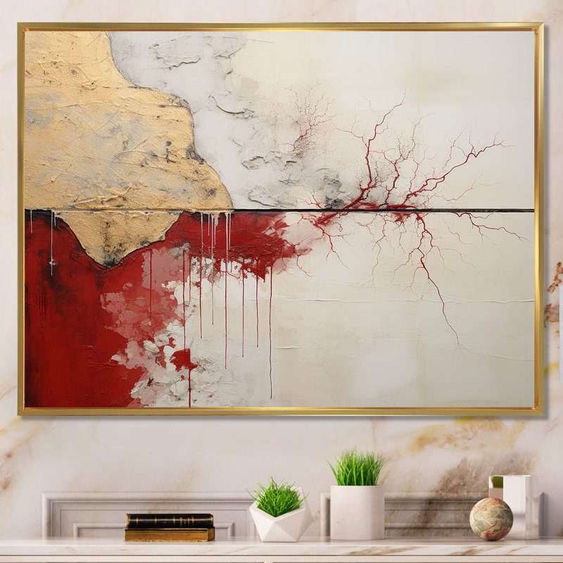 Minimalisme, horizon rouge et or - reproductions d'art murales abstraites, Cadre flottant doré, H 30 po x l 40 po x P 1,5 po