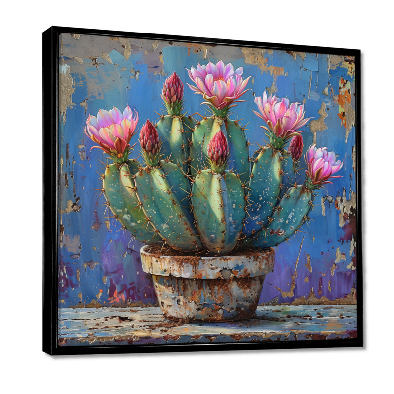 Cactus rose en poterie du désert - impression d'art mural cactus floral, H 44 po x l 44 po, Toile avec cadre flottant noir