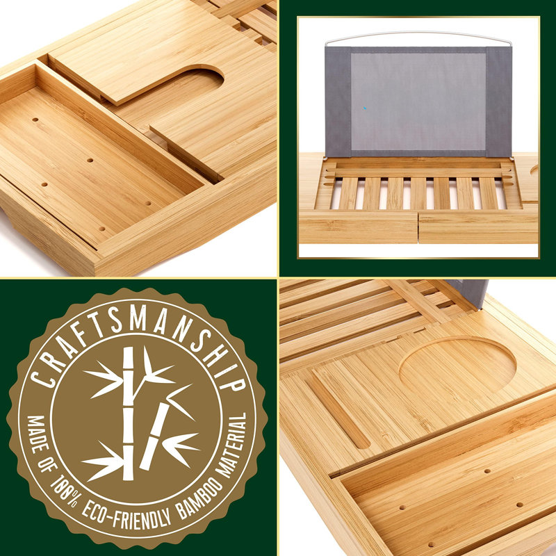 Plateau de rangement pour baignoire de luxe en bambou - Organisateur de baignoire réglable en bois naturel avec support à vin, placement de tasses, porte-savon, espace pour livres et emplacement pour téléphone