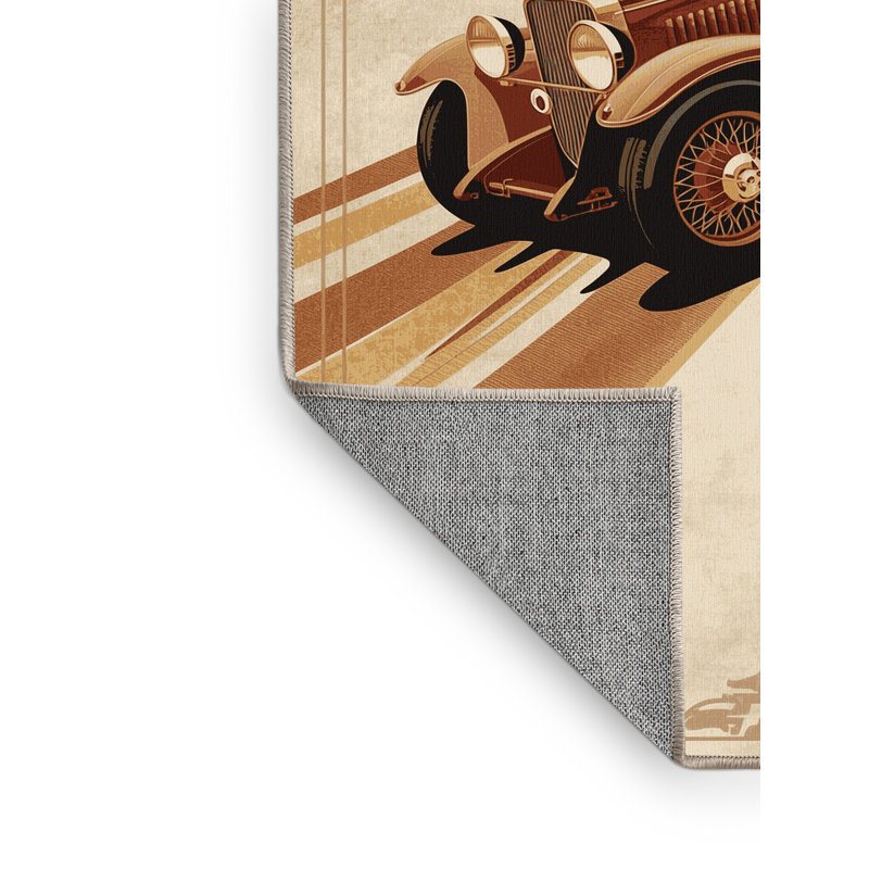 Machine Washable Maurice Antique Roadster Car Traditional Vintage Look Rug in Beige – Beige Binding, 5x7