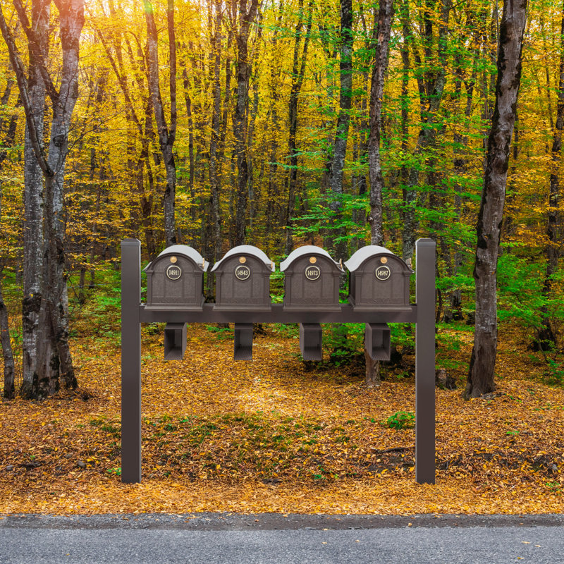 Balmoral Quad Mount Mailbox /w/ Pyramid Caps, Personalized Door Medallion, Newspaper Box (4 Mailboxes, Posts, 4 Newspaper Boxes, 4 Medallions)