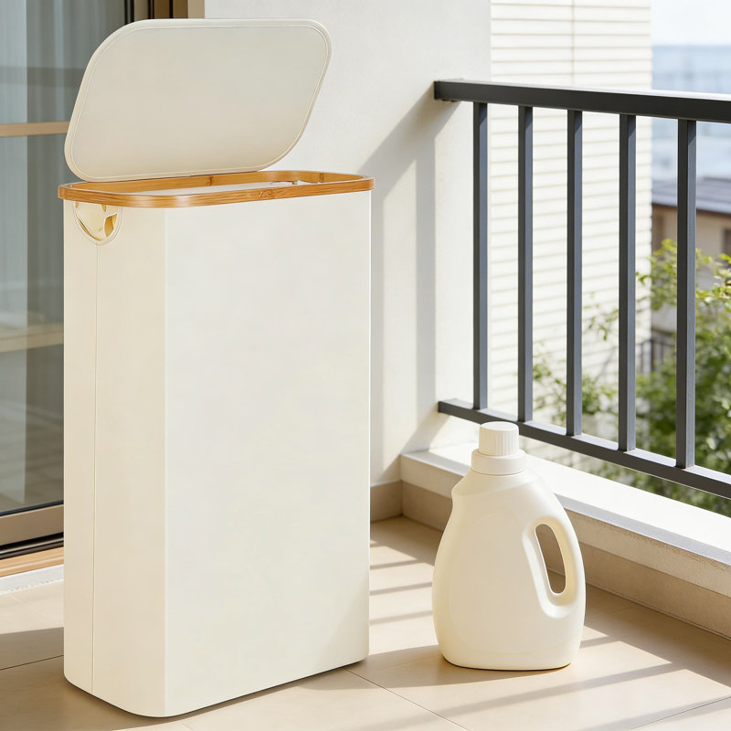 Slim Laundry Hamper With Lid And Removable Inner Bag, Foldable Narrow Laundry Basket For Small Spaces, Portable Clothes Hamper With Bamboo Handles For Bedroom, Dorm, Or Laundry Room
