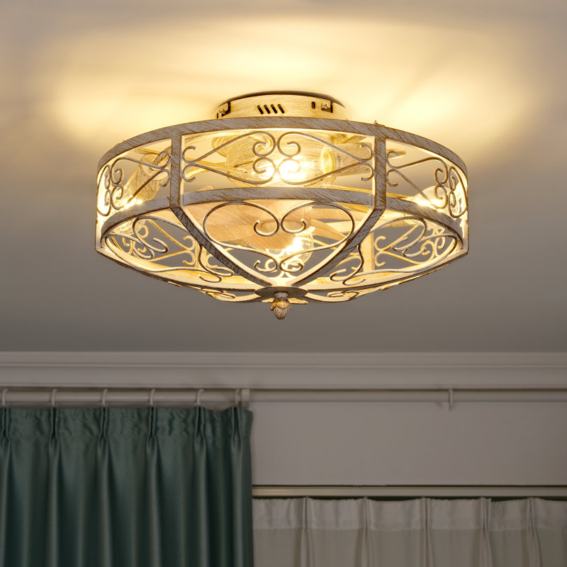 Ventilateur de plafond encastré 20 po avec luminaire et télécommande - style maison de campagne., Bois blanc, Doré / Blanc