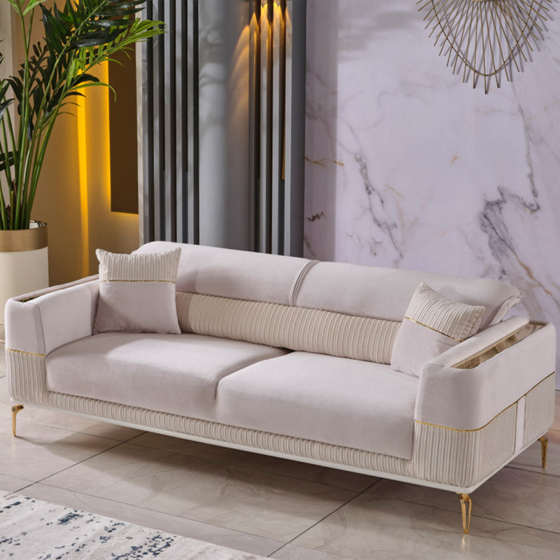 Canapé convertible en velours crème avec pieds dorés et rangement caché - Canapé de luxe moderne 90 "avec détails capitonnés et coussins décoratifs