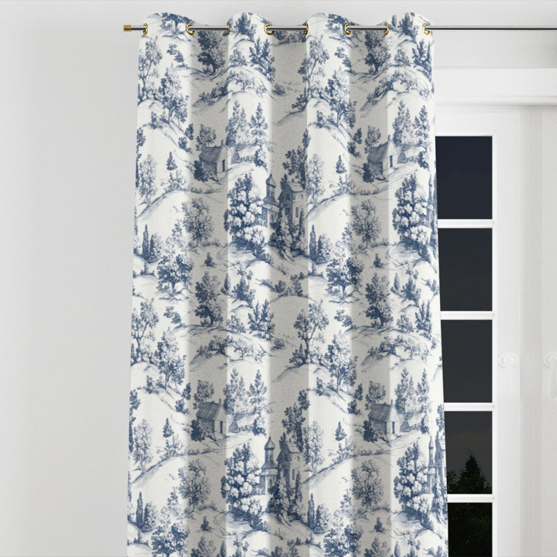 Country Farmhouse Blackout Curtains - Blue Country Toile Grommet Curtain - 1 Panel, 52" W x 63" L, Gold Grommets