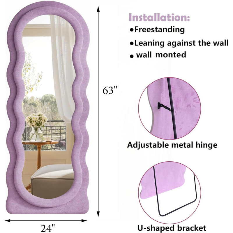 Miroir ondulé irrégulier 63 po x 24 po, grands miroirs muraux, Mauve